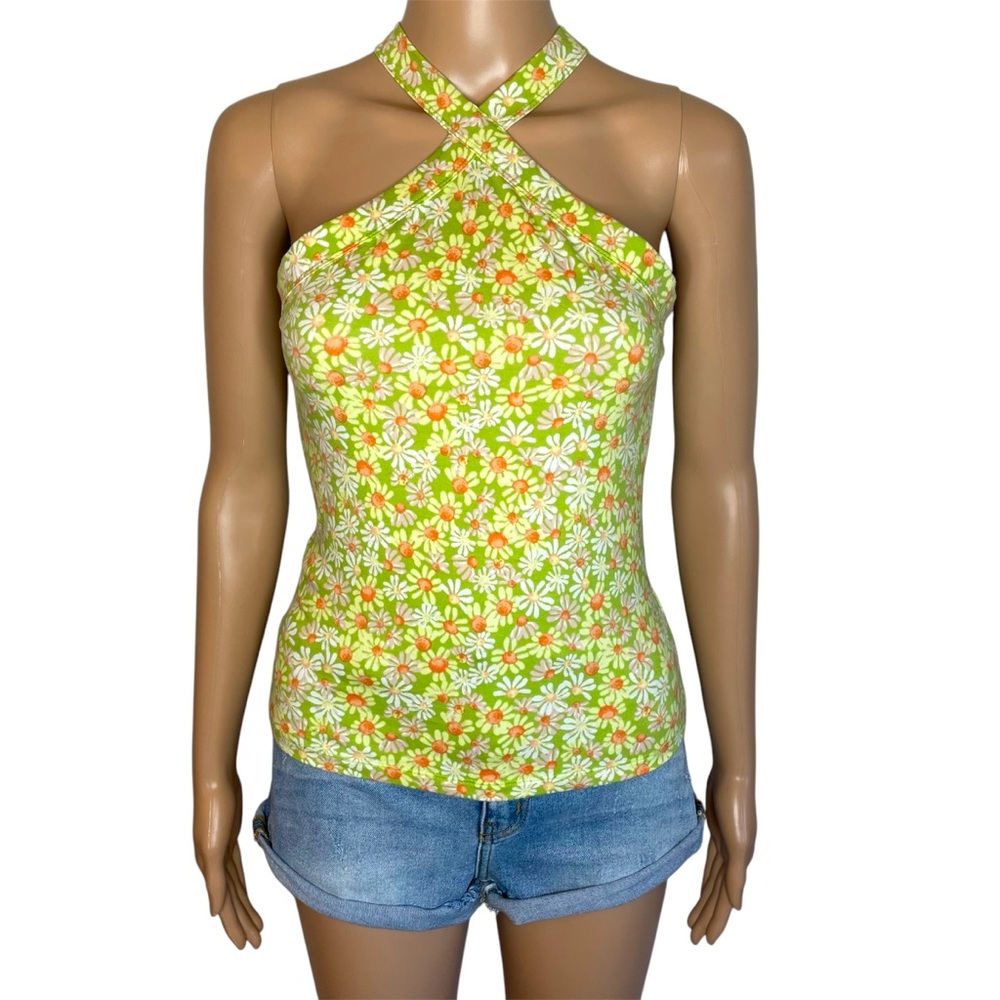NWOT SO 70’s Style Green & Yellow Floral High Neck Sleeveless Pullover Tank Top